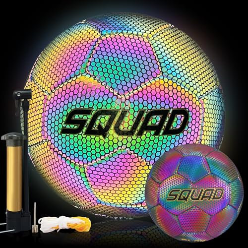 SQUAD Leuchtender Reflektierender Fußball Offizielle Größe 4 Holografisch Leuchtend im Dunkeln Fußball für Drinnen und Draußen - Ideal für Klein & Groß Fußballtraining Nachtspiele