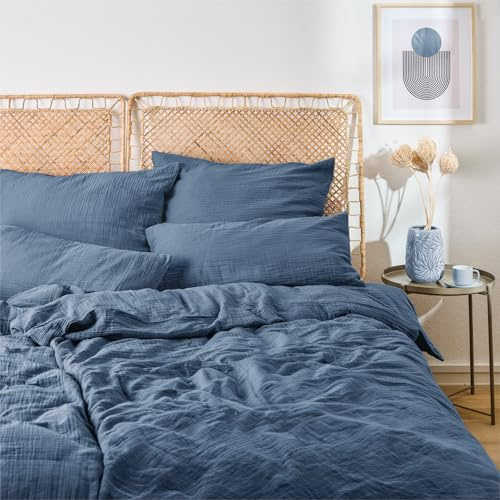 Blumtal Musselin Bettwäsche-Set 200x200 + 2x80x80 cm, Dunkelblau | OEKO-TEX zertifiziert, aus 100% Baumwolle, extra weich und bei 40 °C waschbar – leichte Sommerbettwäsche.