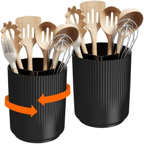 Lifewit Utensil Holder for Kitchen Storage, Cooking Silverware Caddy with Non-Slip Rotating Base, Large 3 Compartment Plastic Spoon Spatula Cutlery Flatware Organiser with Dry Draining, Black, 2 Pack