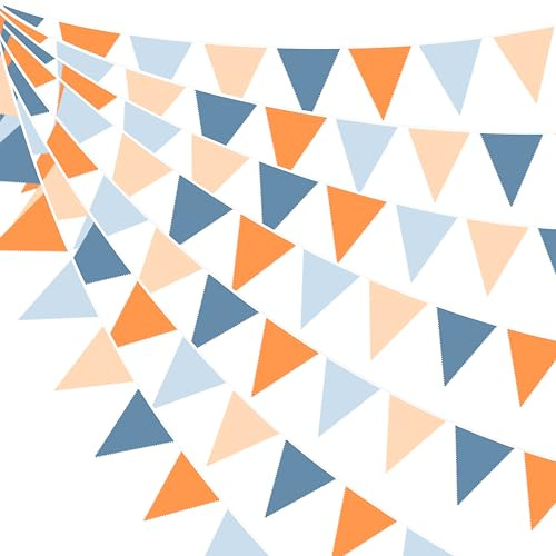 32Ft Orange Blue Bunting Banner Party Decorations Dusty Blue Orange Fabric Triangle Flag Pennant Garland Streamer for Dog Birthday Outer Space Baby Shower Graduation Neutral Theme Outdoor Party