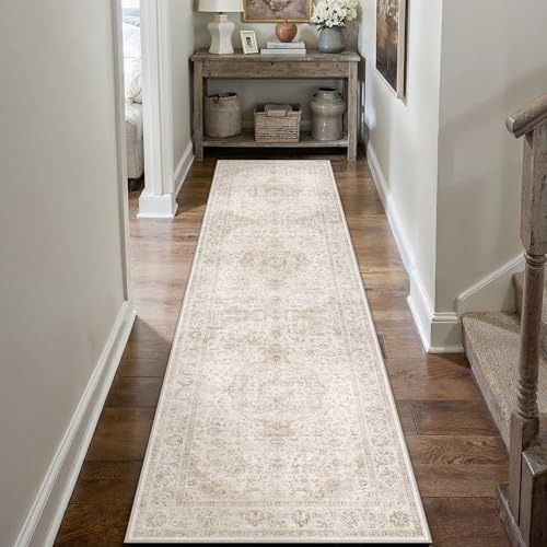 PureCozy Waschbarer Beige LäUfer Flur Teppich 60x240cm Vintage Teppiche | Weich Kurzflor Carpet, Rutschfest, Küche, Bettvorleger,Eingangsbereich, Schlafzimmer, Esszimmer