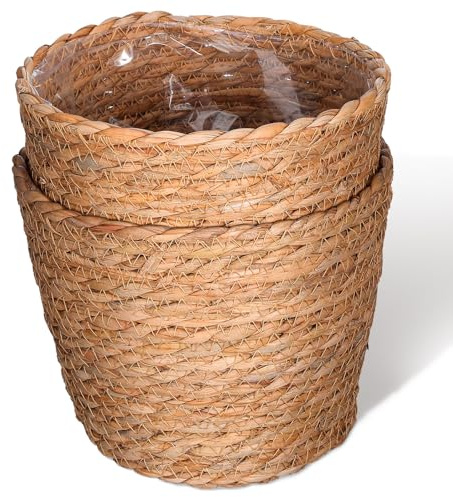 Didiseaon 2 Paniers de Fleurs Tressés en Paille, Décoratifs et Légers, pour Salon ou Hôtel, Texture Classique, Couleur Kaki