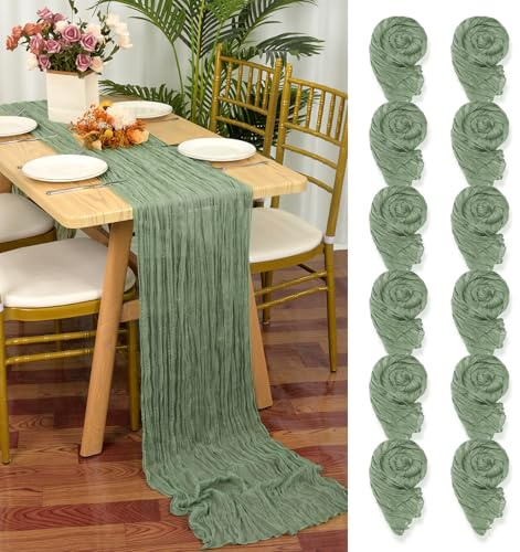 12 Stück Seihtuch Tischläufer Salbeigrün,55 x 300 cm Grün Rustikaler Gaze Stoff Boho Tischläufer Käsetuch Cheesecloth Tischläufer Hochzeit Tischdecke für Hochzeitsfeier Brautparty Tischdekoration