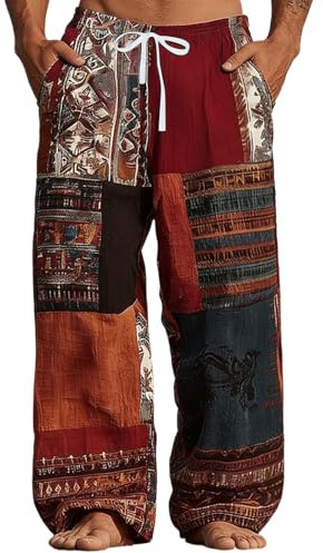 Munweiyu Pantalon ethnique africain en lin pour homme Patchwork Pantalon de plage Baggy Jambe large Pantalon d'été Sarouel imprimé 3D Pantalon de loisirs Respirant en lin