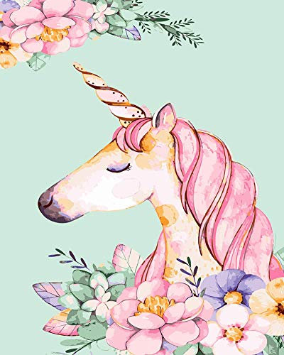 WOWDECOR DIY Malen nach Zahlen für Erwachsene Kinder Mädchen, Einhorn Pink Blume Träumen 40x50 cm Vorgedruckt Leinwand-Ölgemälde (ohne Rahmen)