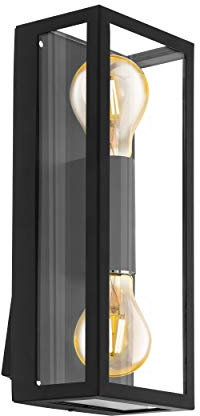 EGLO Außen-Wandlampe Alamonte 1, 2 flammige Außenleuchte, Wandleuchte aus Stahl verzinkt in Schwarz, Glas in Transparent, Fassung: E27, IP44