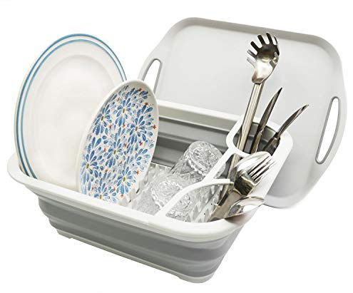 SAMMART Collapsible Plastic Dish Drainer with Tray - Foldable Drying Rack Set - Portable Dinnerware Organizer - Space Saving Kitchen Storage Tray (Grey)