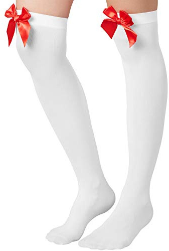 dressforfun 303447 Damen Overknee Strümpfe mit roter Schleife, lange hohe Überknie Halterlose, Polyester & Elastan, weiß