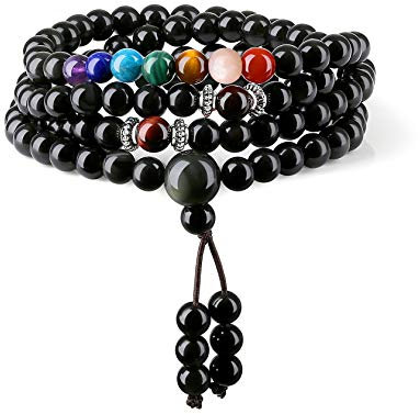 COAI Collier Mala 108 Perles, Bracelet Multi-Tours, Collier Sept Chakras, Bracelet Obsidienne Noire pour Hommes/Femmes