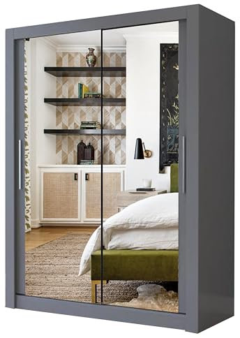 A.C. Milan Modern Double Mirror sliding door wardrobe with LED Light Width 100cm/120cm/150cm/180cm/203cm/250cm (150, Grey)