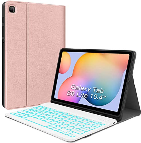 JUQITECH Backlit Keyboard Case for Samsung Galaxy Tab S6 Lite 10.4 2024/2022/2020, Galaxy Tab S6 Lite SM-P620/P625/P610/P613/P615/P619 Tablet Cover Case with Wireless Keyboard S Pen Holder, Pink