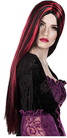 NEU Perücke Damen Hexe Mittelscheitel superlang de Luxe mit roter Strähne Iona, schwarz - mit Haarnetz