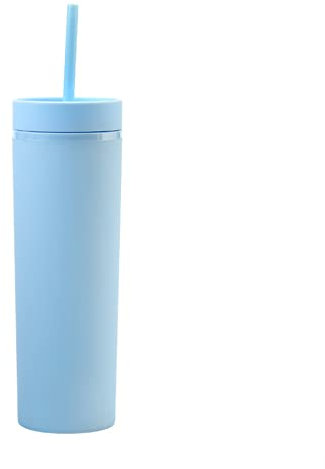 Bulckrew Taza con pajita y tapa, 450 ml, vaso de paja, doble pared, acrílico mate, color azul