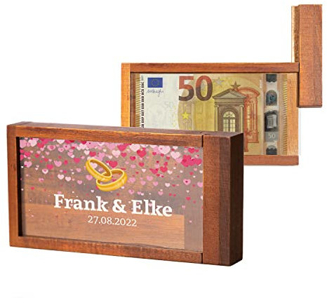 Geschenke 24 Magische Geldgeschenkebox personalisiert zur Hochzeit | Rätselbox | Knobelspiel | mit Druck | nachhaltig | Dekogeschenk | Verpackung für Geldgeschenke (Herzregen)