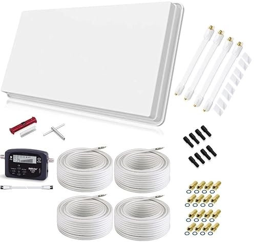 SELFSAT H30D4+ Set - Quad Flachantenne Full HD 4K UHD für Vier Teilnehmer inkl. Fensterhalterung + SAT-Finder + Fensterdurchführung + F-Stecker + Wetterschutztüllen
