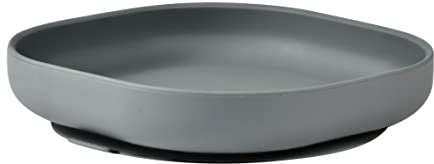 BÉABA, Assiette Ventouse pour Enfant, 100% silicone, matière douce et très resistante, Adhère table/tablette chaise haute, Languette permettant de soulever l’assiette, Compatible micro-onde, Minéral