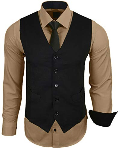 Baxboy Herren Hemd mit Weste Krawatte Anzugs Sakko Business Hochzeit Freizeit Hemden Frack Herrenweste Set wählbar B-44-HWKR, Farbe:Beige, Größe:4XL