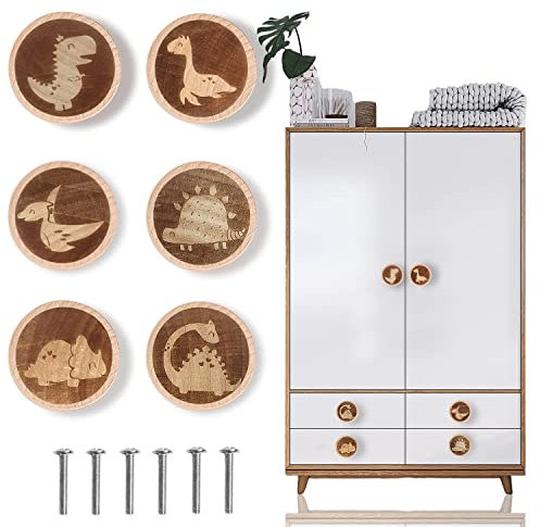 ziyue 6 Pack Wooden Drawer Knobs(40MM/1.57), Dinosaur Wooden Knobs for Nursery Room, Kids Dresser Knobs Cabinet Pulls Handles with 6 Screws