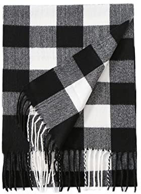 Yizelli 78,70 x 13,70 Zoll Kaschmir Gefühl Karierten Schal Weich Warm Quaste Schal für Männer (Schwarz Weiß)