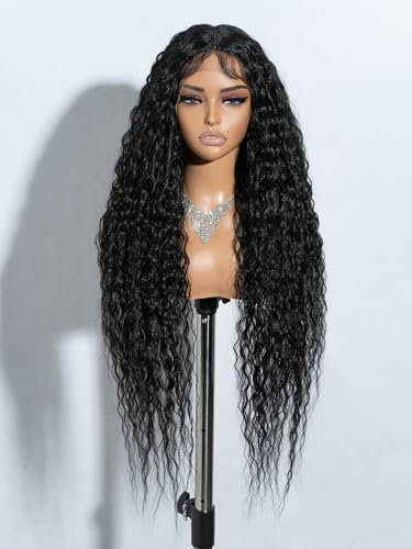 Joedir 32 Lange Deep Curly Welly Lace Front Synthetische Perücken HD Transparent Glueless Lace Perücke Hitzebeständige Faser Pre Plucked Hairline mit Baby Haar Perücke für Frauen (schwarze Farbe)