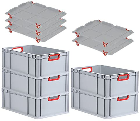 PROREGAL SuperSparSet 5x Eurobox NextGen Color mit Auflagedeckel & Schiebeschnappverschlüsse, HxBxT 22x40x60cm, 44L, Griffe rot offen, Verstärkter Boden, Eurobehälter Transportbox Transportbehälter