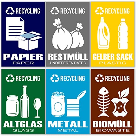 GamesMonkey® - Set of 6 Rubbish bin stickers - Recycling Wastemülleimer Aufkleber - DE - v4 Small - Organic Waste, Yellow Bag, Paper, Residual Waste, Waste Glass Wheelie (8,5 x 5,5 cm, 6 Stücke)