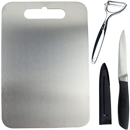Roellgs Stainless Steel 304 Chopping Board Set (29 x 20 cm), Durable Home Kitchen Chopping Board, Easy Kitchen Server with Peeler and Safety Knife