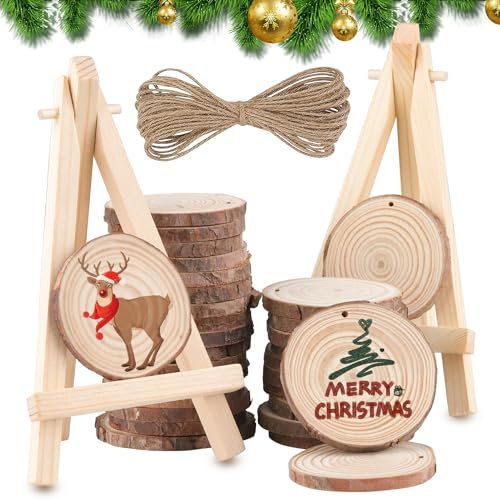 NTGRTY Holzscheiben 33 Stücke Holz Log Scheiben 5-6cm Durchmesser mit Loch,Mini Staffelei und Jute Seil,Rund Holzplatte,Holzscheiben zum Basteln,Klein Baumscheiben für DIY Weihnachten Dekoration
