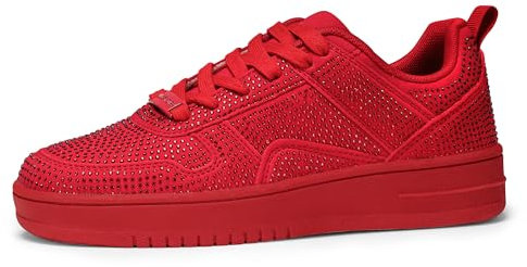 LUCKY STEP Damen-Sneaker mit Glitzernden Strasssteinen, Leder Low-Top Sneaker zum Schnüren, Lässige, Bequeme Walkingschuhe (Rot Strass, 8US-38EU-5UK)