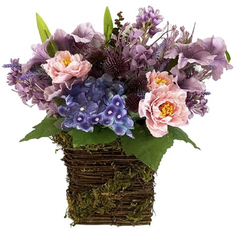 Door Hanger Basket Wreath, 30cm/11.8inch Wildflowers Door Hanging Basket Wreath, Front Door Artificial Spring Wreath Welcome Sign for Home Porch Farmhouse Decor