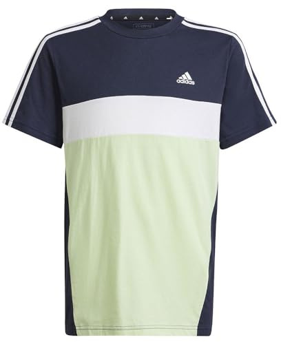 adidas Unisex Kinder Tiberio 3-Stripes Colorblock Cotton Tee Kids, Legend Ink/semi Green Spark/White, 9-10 Years