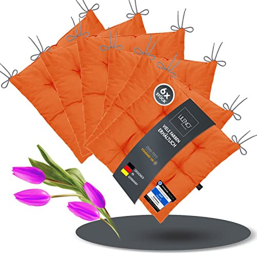 LILENO HOME 6er Set Stuhlkissen 06 Orange (40x40x6 cm) - Sitzkissen für Garten, Küche oder Esszimmer - UV-beständige Indoor u. Outdoor Stuhlauflage als Stuhl-Kissen (Linda FUM)
