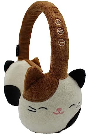 Squishmallows CAM The Cat - Auriculares Bluetooth de Felpa con micrófono Integrado para Hacer y Recibir Llamadas. Rango Bluetooth de 10 Metros, Control de Volumen, Almohadillas de Felpa Suave con