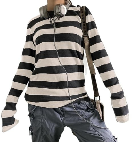 Women Y2k Striped Shirts Long Sleeve Fairy Grunge Baggy T-Shirt Vintage Harajuku Streetwear Teen Girls Tee Tops(Casual Black White 4,XL)