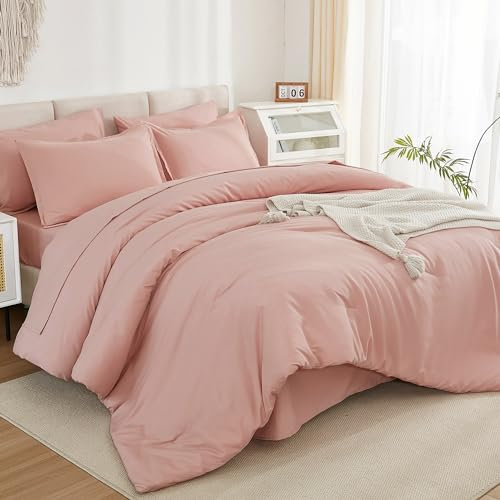 Litanika Set di biancheria da letto per letto matrimoniale, 7 pezzi, in tinta unita, leggero, con piumone, lenzuola, federe e federe, colore: rosa cipria
