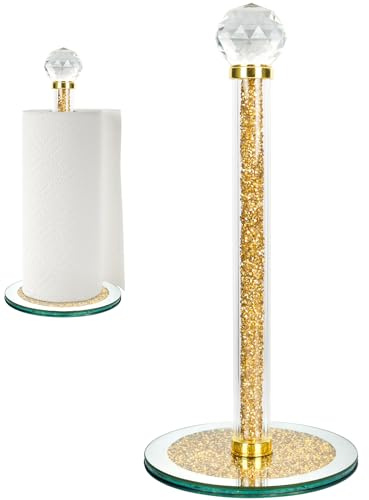 Topsky Gold kitchen roll holder - Crystal Glass Paper Towel Holder Stand - Countertop Kitchen Towel Holder Heavy Weight - Kitchen Rolls Organizer Free Standing