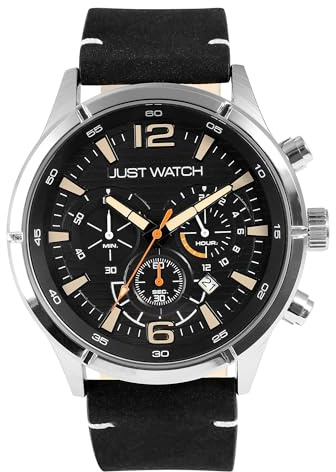 Just Watch Evander Herren-Chronograph Leder 5 Bar Datum Stoppuhr Analog JW20172 (schwarz)