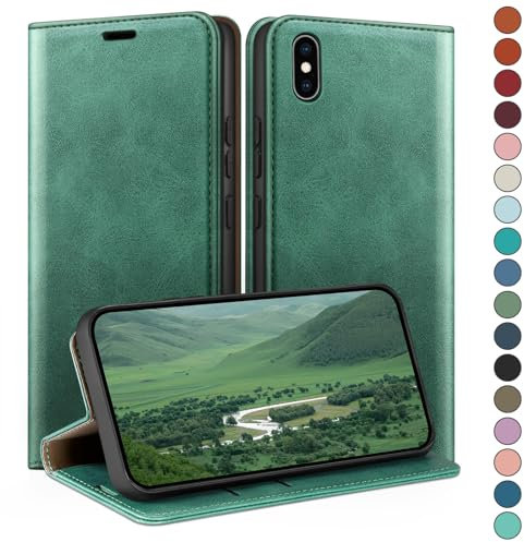 HUOUH für iPhone XS Max 6,5 Hülle mit RFID Schutzhülle aus Lederhülle Handyhülle,360 Grad Schutz Case,Kartenfach Leder ständer Handy hülle für Apple XS Max Klapphülle Wallet Cover Hellgrün
