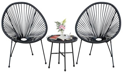 AOUXIN 3 Pieces Garden Furniture Set Acapulco Styled Patio Bistro Set Indoor Outdoor Conversation Set with Tempered Glass Table For Balcony, Garden, Terrace, 2 Chairs And 1 Table (Black)
