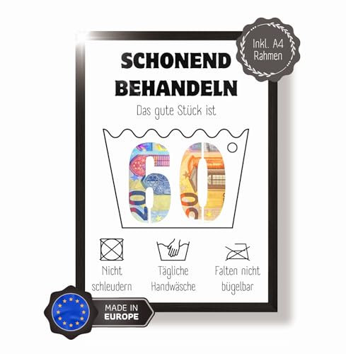 BoHappy® Geldgeschenk/Geburtstagskarte zum 60. Geburtstag | Geschenke 60 Geburtstag Frauen & Männer lustig | Schonend behandeln 60 | Inkl. schwarzem Bilderrahmen