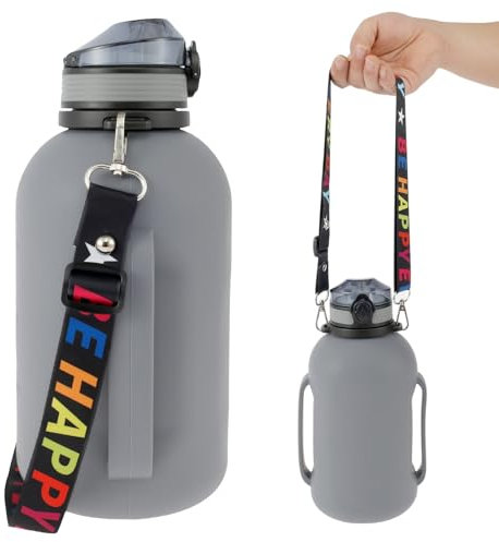 BOBASH Faltbare Wasserflasche, 2 l, 64 oz, Sportwasserflasche, mit Wassermessmarkierung und Zeitmarkierung, faltbare Wasserflasche mit Riemengriff (Dunkelgrau)