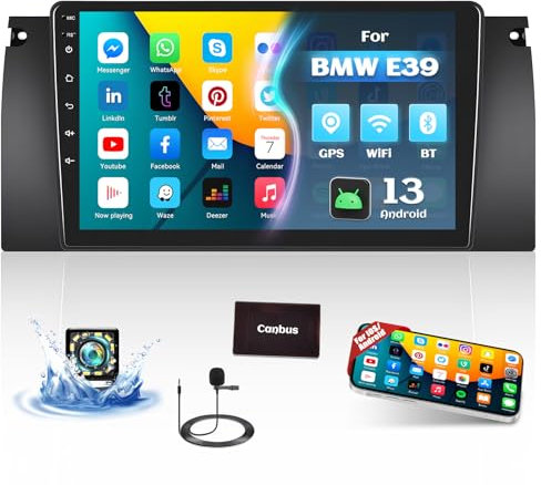 CAMECHO Android 13 Autoradio pour BMW 5 E39 E53 M5 X5 1996-2007 avec Mirror Link, 9 Pouces écran Voiture Radio avec Bluetooth GPS WiFi FM/RDS USB Commandes au Volant + Caméra de recul&MIC