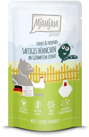 MjAMjAM - Premium Nassfutter für Katzen - Quetschie - Chicks & Friends saftiges Hühnchen an gedämpftem Spinat, 1er Pack (1 x 125g), getreidefrei