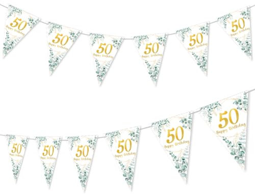 50. Geburtstag Deko Grün Gold - Wimpelkette Girlande für Frauen und Männer - Happy Birthday Dekoration Grün Gold Weiß