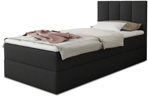 Boxspringbett Star Mini mit Bettkasten, Bonell-Matratze und Topper - Einzelbett mit Matratzentopper, Polsterbett, Bett, Schlafzimmer, Jugendzimmer (Schwarz (Inari 100), 120 x 200 cm)