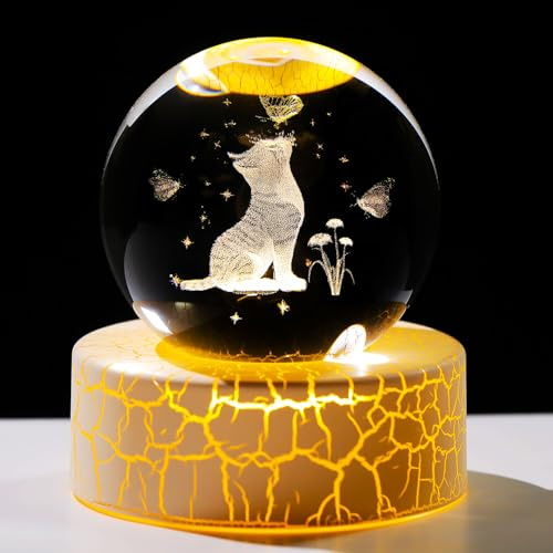 Ornalrist 6cm Crystal Ball 3D Cat Gifts for Women Cat Themed Ornaments | with Warm Light Stand, Engraved 3D Cat Flower Butterfly, Glass, for Cat Lovers Friends Mum Birthday Christmas Mother's Day