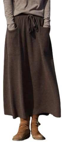 Damen Wollrock Lang Mit Taschen Kordelzug Herbst Winter Warmer Maxirock Hohe Taille Plisserock Midi Rock (DE/NL/SE/PL, Alphanumerisch, Einheitsgröße, Regular, Regular, Kaffee)