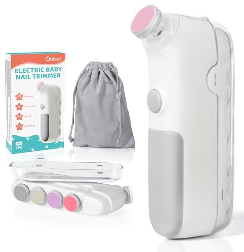 Orzbow Baby Nail File Electric, Illuminable Nail Clippers with 5 Grinding Heads, Portable Electric Nail File Baby Suitable for Infants and Adults, Low Noise, Simple Operation, Integrated, Grey