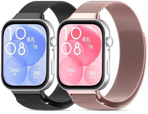 CHANRASI 2 pièces Bracelet compatible avec Huawei Watch Fit 3 Femmes Hommes, Bracelet de remplacement magnétique en acier inoxydable métal compatible avec Huawei Watch Fit 3 Noir/Rose