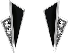 Esse Marcasite Sterling Silver Marcasite and Black Enamel Art Deco Fan Stud Earrings